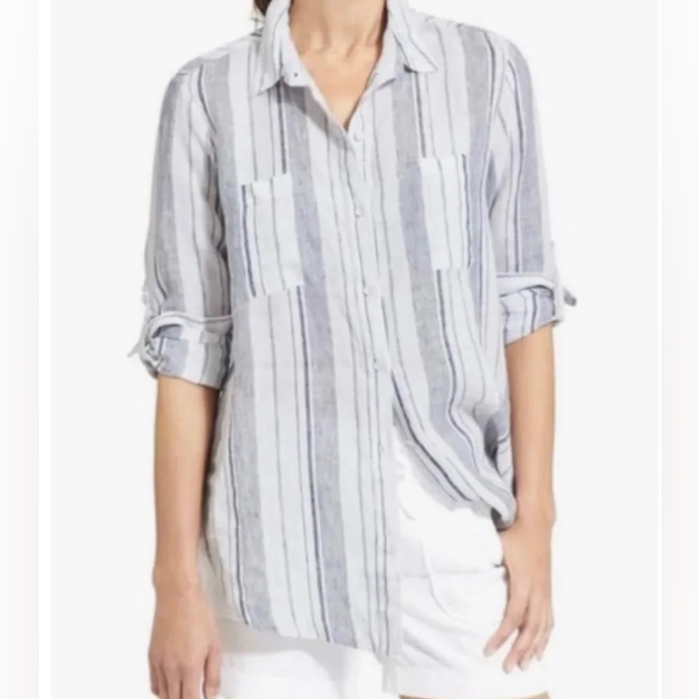 Athleta Womens White And Blue Striped Linen Button Down Shirt Medium